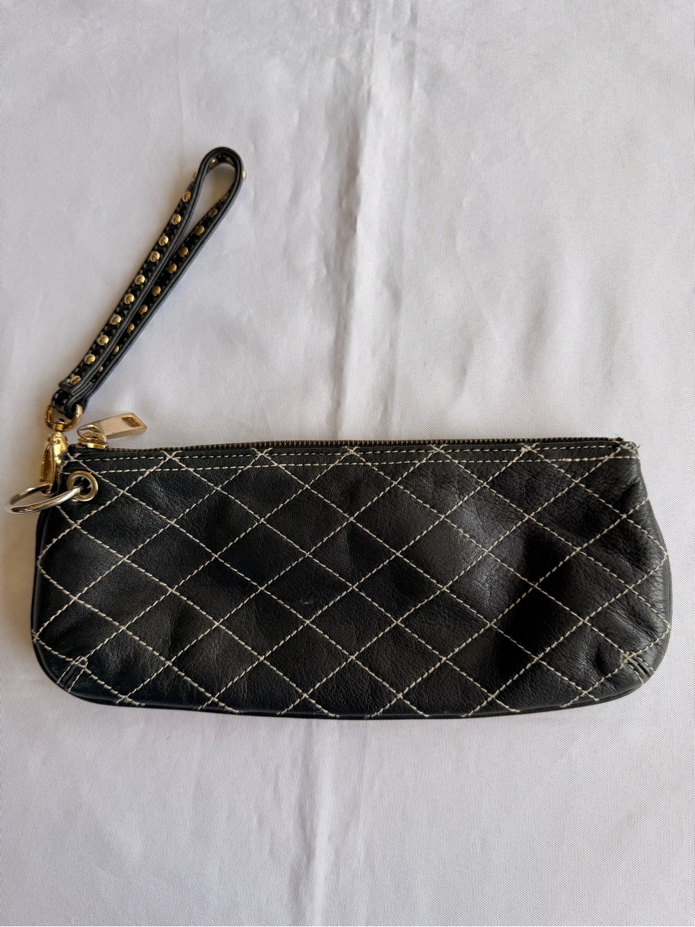 Kate Landry Black Quilted Large Wristlet with Gold Stud Wrist Strap
